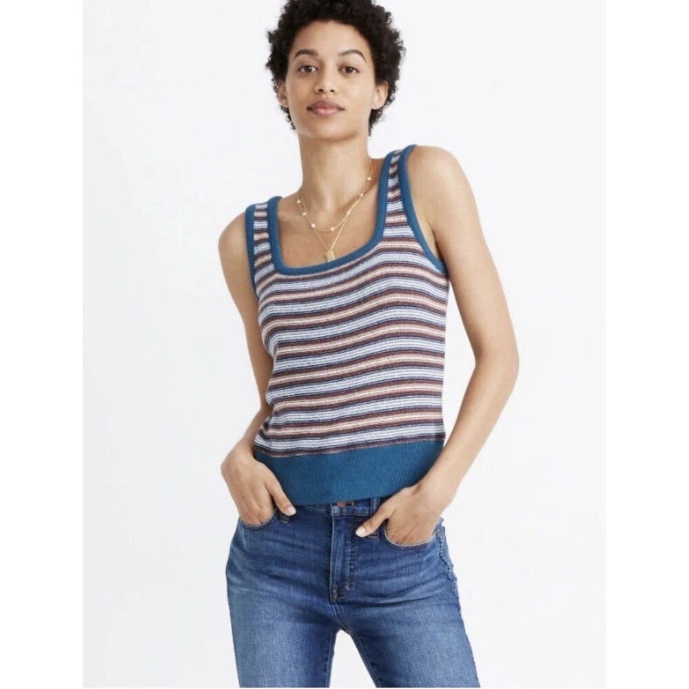 Madewell Striped Textural Square-Neck Tank Top Medium Vintage Parchment Blue